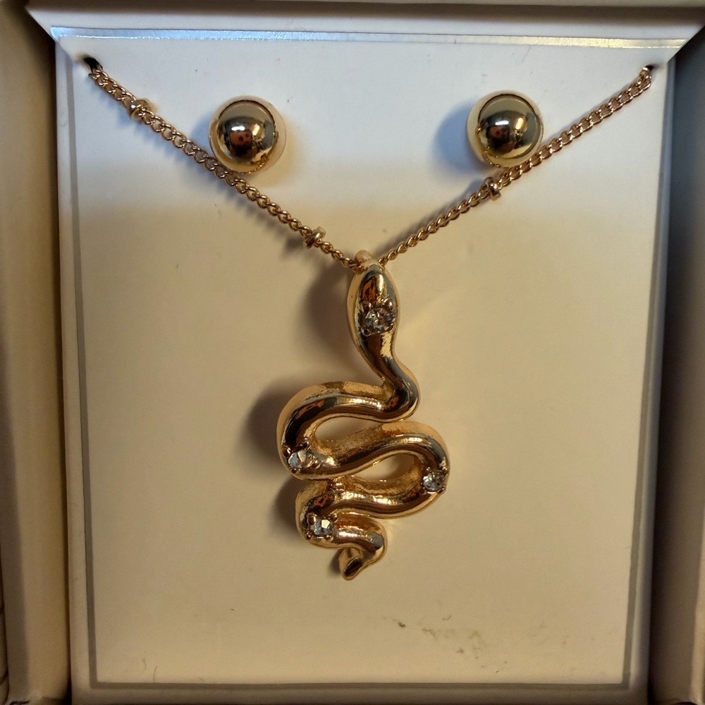 Gold-tone Snake Pendant Necklace and Earrings Set